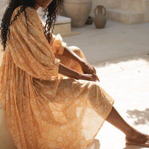 Daughters of India Kyra Boho Gauze Cotton Midi Dress – Tangerine – XS